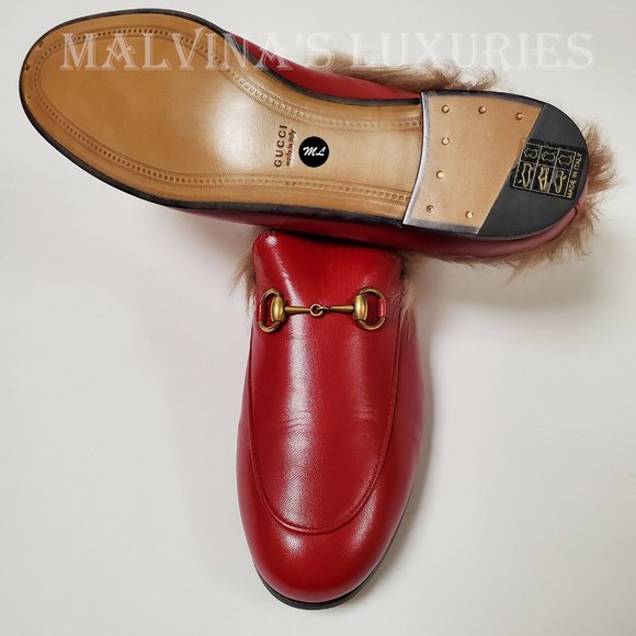 GUCCI SHOES JORDAAN HORSEBIT SHEARLING FUR RED LEATHER LOAFERS 37.5 7.5 US - Picture 13 of 16